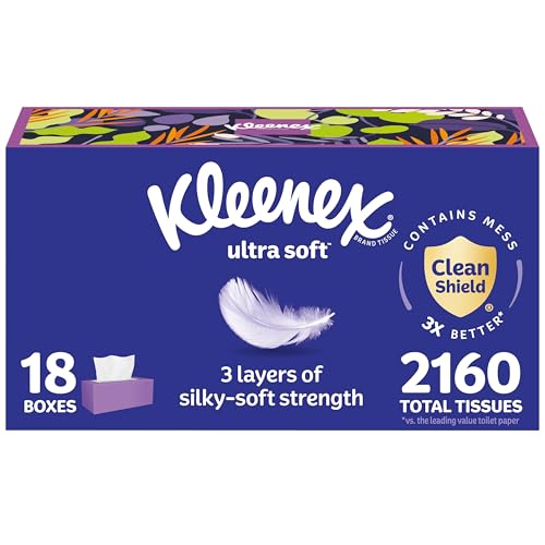 Kleenex Ultra Soft Facial Tissues, 18 Flat Boxes, 120 Tissues per Box, 3-Ply (2,160 Total), Packaging May Vary