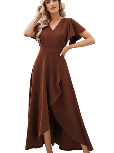 Formal Dresses for Women,Gowns Evening Party Cocktail Dress,Long Split Elegant V Neck Wrap Ruffle Wedding Guest A-line Dresses Deep Coffee Brown-XL