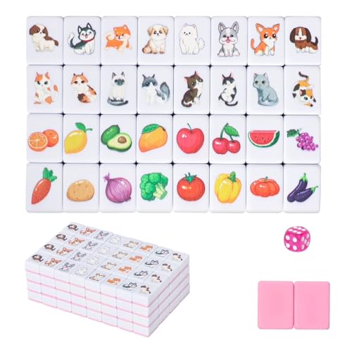 GRACIAS 4 Players Mahjong Block Set, 128 Pink Tiles(1.18”) with Animal and Food Pattern, Portable Mahjong Set with A Carry Bag, Mahjong Tile Game