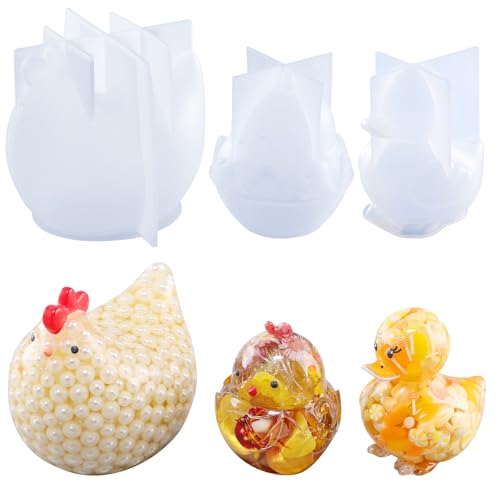 LET’S Resin 3pcs Animal Resin Molds, Large 3D Chicken & Duck Resin Molds Silicone, Flexible Effortless Demoldable Epoxy Molds for Resin Casting, Soap, Candle, Flowers Preservation, Chicken Decor