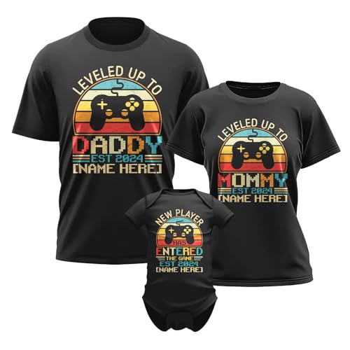 Personalized Family Matching Shirts for 3, Leveled Up to Daddy Mommy Gaming, New Player Has Entered The Game, Customized Name Matching Black Shirts for New Parent Gifts, First Mothers Day
