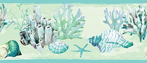 Grace & Gardenia GB10011 Coral and Seashells Peel and Stick Wallpaper Border 10in Height x 15ft Blue Green Designs