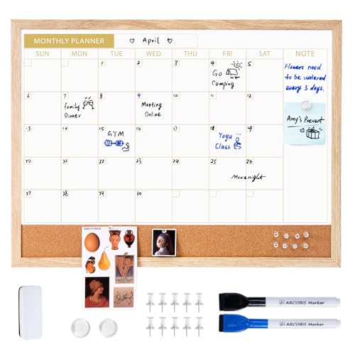 ARCOBIS White Board Calendar with Cork Board, 24x18 Inch Wood Frame Bulletin Board for Wall, Magnetic White Calendar Board with Chalk Markers, Push-Pins and Magnets,Beige
