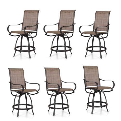 PHI Villa Outdoor Swivel Bar Stools Set of 6, Counter Height Patio Chairs with Waterproof Textile Fabric Brown, Rustproof Metal Frame & Circular Footrest for Poolside, Garden, Yard