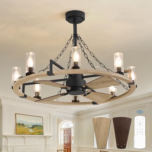 POWIFY 36 Inch Farmhouse Ceiling Fans with Lights Vintage Rustic Chandelier Ceiling Fan with Remote Double-Sided Modern Farmhouse Chandelier for Kitchen Dining Room Living Room Bedroom Indoor