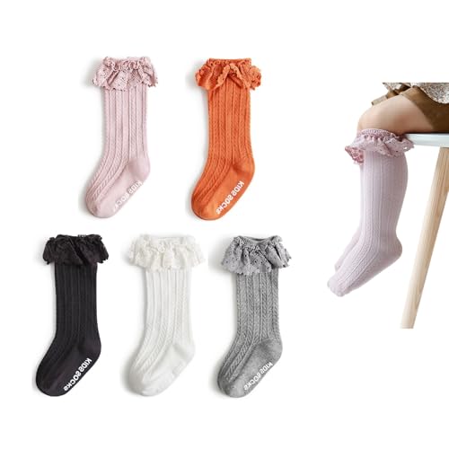 Toddler Baby Girl Lace Ruffle Knee High Socks with Grippers Newborn Girls Non Slip Anti Skid Cotton Long Socks 0-3 Toddler Stocking Stuffers for Kids