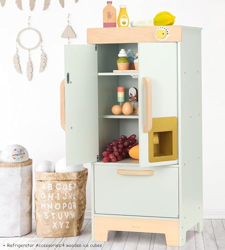 Pillowhale Wooden Play Refrigerator with Ice Maker – Mint Green Kids Fridge Toy, 4 Wooden Ice Cubes & Cup, Quiet Click Handle, Montessori Pretend Play for Toddlers 3+