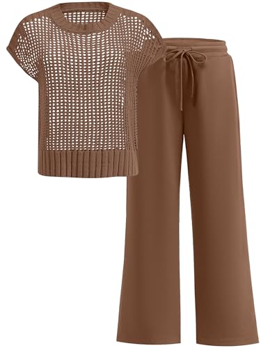 ANRABESS Women Two Piece Outfits Crochet Sheer Knit Sweater Top Wide Leg Pants Lounge Matching Sets Sweatsuit Travel Clothes Brown Large
