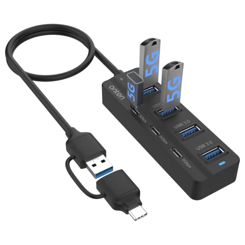 Onten USB C Hub,7 Ports USB3.0 to USB-C HUB with a USB C to USB 3.0 Adapter. 3.2ft Cable 4*USB3.0 Ports,3*USB C Ports forThunderbolt 3/4 MacBook Surface Pro and More USB/USB C Devices