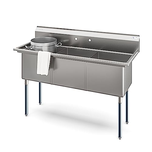 KoolMore 60 in. Three Compartment 18-Gauge Stainless-Steel NSF Commercial Kitchen Sink, Bowl Size 18x18x14, with Three Basins and Pre-Drilled Faucet Holes for Restaurants and Cafes (KM-SC181814-N3)