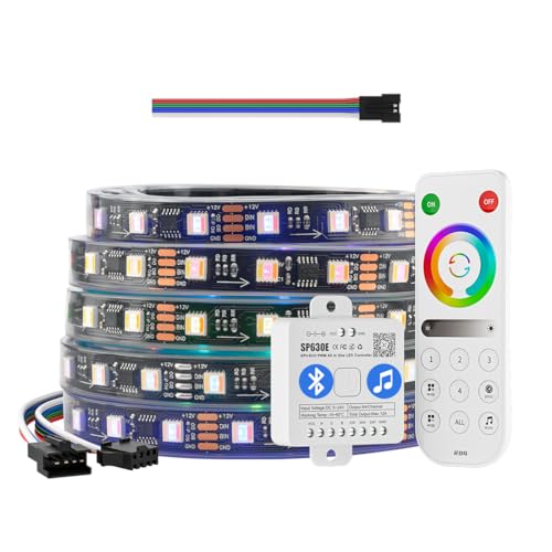 BTF-LIGHTING WS2805 IC RGBCCT Addressable Dual Data LED Strip DC12V 5050SMD 5 Colors in 1 Chasing Color LED Light IP67, 2.4GHz RF Remote RB4 & SP630E Bluetooth Controllers Kit(No Power Adapter)