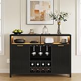 Fluted Home Bar Wine Cabinet with LED Light, Charging Station, Wine Rack - Buffet Cabinet with Storage, Coffee Bar Table, Stylish Fluted Credenza Cabinet for Modern Home Kitchen 47.2" Black