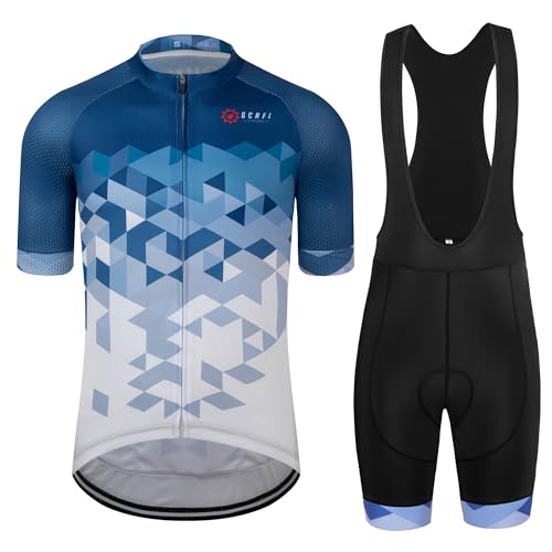 GCRFL Men's Cycling Jersey Set Road Bike Shorts Sleeves Jersey Zipper Pokcet Bib Shorts with Padded, Cycling Clothing kit Men (Blue White, XL)