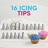 Riccle Piping Bags and Tips Set, 11.8 Inch 100 Anti Burst Piping Bags, 124 Pcs Cake Decorating Kit with 16 Piping Tips, 1 Reusable Pastry Bags, 3 Cake Scrapers, 2 Couplers, and 2 Icing Bags Ties