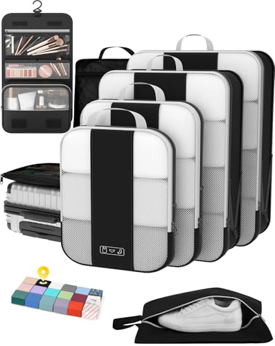 8 Set Compression Packing Cubes for Travel Essentials,Compressible Expandable Packing Cubes for Suitcase,OlarHike Luggage Organizer Bags for Travel,Handy Helper for Organizing Clothes(Black)