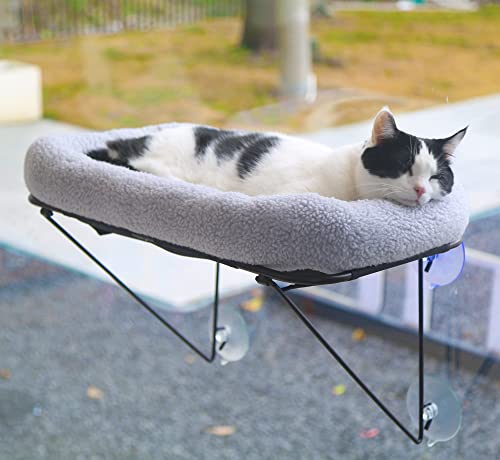 Zakkart Cat Window Perch - 100% Metal Supported from Below - Comes with Warm Spacious Pet Bed - Cat Window Hammock for Large Cats & Kittens - for Sunbathing, Napping & Overlooking (Grey)