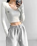 Korean Style Shop Women's Sexy Crop Top Long Sleeve Slim Fit Cropped T Shirts Light Grey, One Size Short