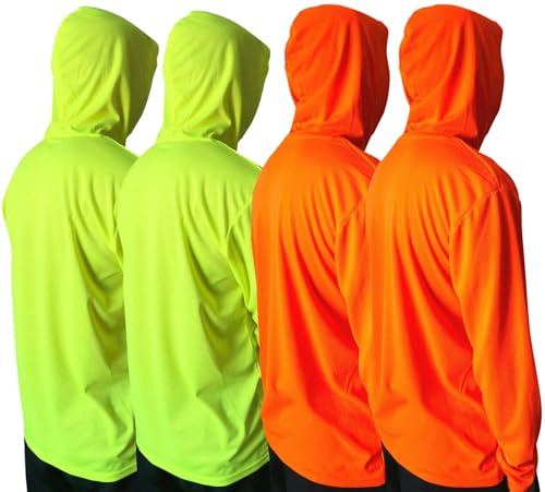 Men UPF 50+ Sun Protection Breathable T Shirt Long Sleeve Workout T-Shirts with Hood (4Pcs Mix (2 Neon Yellow/2 Neon Orange) M)