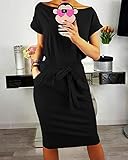 PRETTYGARDEN Women's Summer Short Sleeve Crewneck Striped Dress Basic Solid Tie Waist Office T Shirt Dresses Pockets Black Small