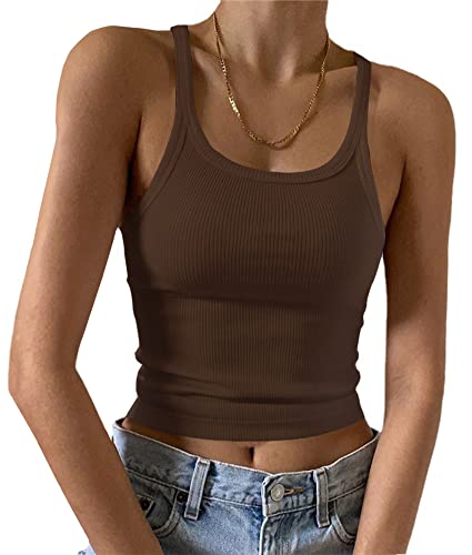 Artfish Women's Sleeveless Tank Top Form Fitting Scoop Neck Ribbed Knit Basic Cami Shirts Mocha Brown, S