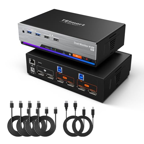 TESmart 8K@60Hz DP KVM Switch 2 Monitors 2 Computers USB 3.0, DP 1.4 KVM Switch Dual Monitor 4K@144Hz for Gaming Dock, Support EDID, Gigabit Network, Hotkey Switch, Audio & Mic with All Input Cables