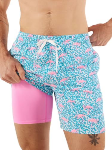 Chubbies Lined Mens Swim Trunks 7 Inch – Swim Shorts and Mens Shorts with Elastic Waist, Stretch, Boxer Brief Liner, UPF 50+ (Domingos are for Flamingos, S)