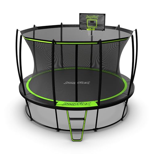 JumpFlex Trampoline with Basketball Hoop - Hero 12FT 14FT 15FT Round Outdoor Backyard Trampoline ASTM Approved with Net Safety Enclosure & Ladder Playset with Fast Assembly