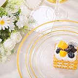 FLOWERCAT 100PCS Clear Plates with Gold Trim - Heavy Duty Clear and Gold Plastic Plates Disposable for Party/New Year Include 50PCS 10.25inch Clear Dinner Plates - 50PCS 7.5inch Clear Cake Plates