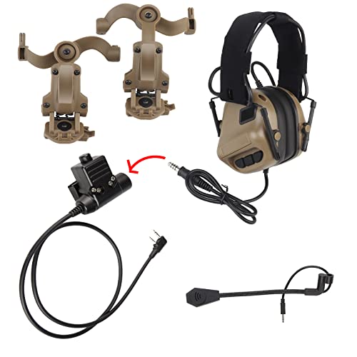 Hdlsina Tactical Shooting Headset + with U94 PTT 2pin with ARC Rail Adapter Noise Reduction & Sound Pickup Ear Protection (Tan)