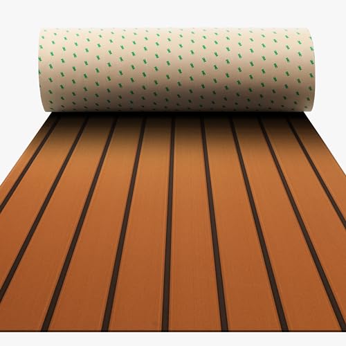 BOSSDECK Boat Flooring - EVA Foam Boat Decking - Self-Adhesive Boat Mat Faux Teak Marine Carpet for Boats RV Yacht Kayak 86.6"x43.3", Brown with Black Lines