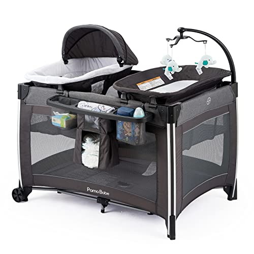 Pamo Babe 4 in 1 Portable Baby Crib Deluxe Nursery Center, Foldable Travel Playard with Bassinet, Mattress, Changing Table for Newborn, Infant, Toddler(Grey)