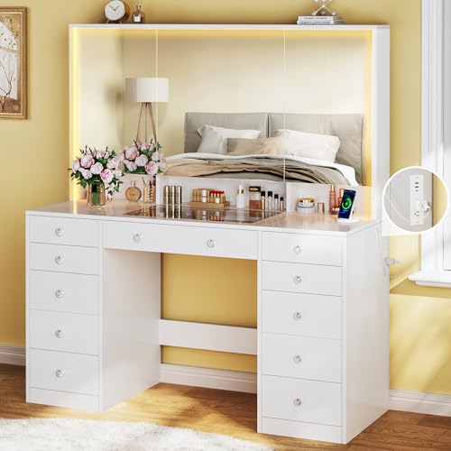 Vanity Desk with Mirror and Lights, 50" Makeup Vanity with Glass Top & Power Outlet, White Vanity with 11 Drawers & 8 Hidden Storage Shelves, 3 LED Lighting Modes Adjustable for Bedroom