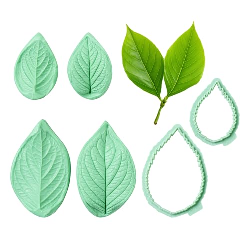 Fondant Flower Leaf Veining Molds Set 2 Pair Molds with 2 Cutters, Gum Paste Sugarcraft Silicone Baking Cake Decoration Supplies Tools Cookie Cutter for Dessert (Common Leaf,6 pcs)