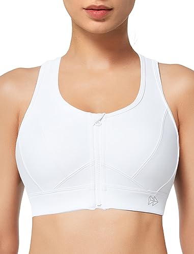 Yvette Zip Front Sports Bra - High Impact Sports Bras for Women Plus Size Workout Fitness Running,White,5XL Plus