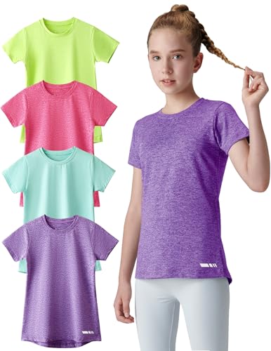 4 Pack: Youth Girls Athletic Shirts, Short Sleeve Dry Fit Apparel Tech Tshirts, Sports Activewear for Kids Teens (Set 3, Small)
