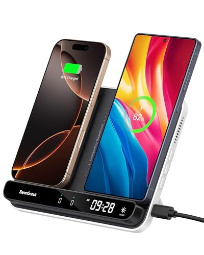 Dual Wireless Charger Stand, SwanScout 504, Foldable Wireless Charging Station Pad for iPhone 16/15/14 Series, Samsung Galaxy S25/S24/S23, Google Pixel 9/8/7, Android Phones, AirPods/Galaxy Buds