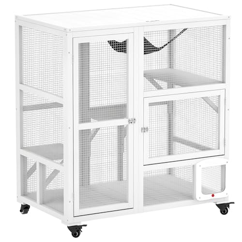 PawHut Indoor Wooden Catio, Cat House Cat Enclosure on Wheels with 3 Platforms, Hammock, Cat Flap Door & Openable Top, Luxury Kitty House for 2 Cats, 39", White