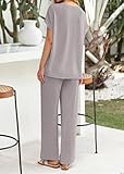 KIRUNDO Womens Summer 2 Piece Outfits Casual Ribbed Knit Short Sleeve Tops Wide Leg Pants Lounge Sets Tracksuit Sweatsuit(Grey, Medium)