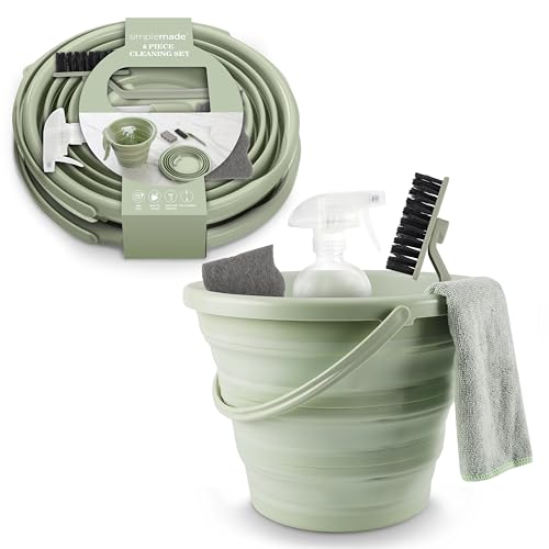 SIMPLEMADE Collapsible Bucket Cleaning Set - Includes 2 Foldable Buckets, Spray Bottle, Rag, Scrubbing Brush and Sponge - Holds Up to 10 liters, Easy Storage, All-Purpose Cleaning Solution