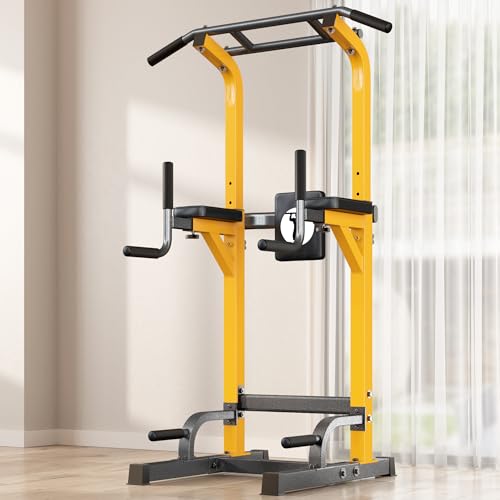 SogesHome Power Tower Pull Up Bar and Dip Stand,10 Adjustable Height Assistive Trainer Dip Station,Multi-Function Strength Training Fitness Workout Station for Home Gym Fitness Equipment，Capacity 500LBS