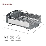 KitchenAid Large Capacity Full Size Rust Resistant Dish Rack with Angled Drain Board and Removable Flatware Caddy, Light Grey