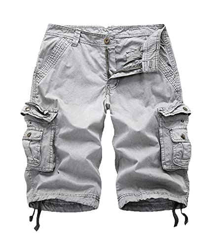 FOURSTEEDS Women's Mid-Waisted Solid Color Multi Pockets Cotton Lightweight Multipocket Tactics Bermuda Cargo Shorts Grey US 10