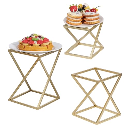 MyGift Modern Pizza Pedestal Stand, Twisting Geometric Brass Tone Metal Racks, Tiered Abstract Food Display Stands, Dessert Serving Risers for Cupcakes, 3-Piece Set