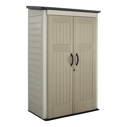 Rubbermaid Vertical Resin Outdoor Storage Shed With Floor (4 x 2.5 Ft) Weather Resistant Beige/Brown Organization for Home/Backyard/Pool Chemicals/Toys/Garden Tools/Porch/Patio Cushions