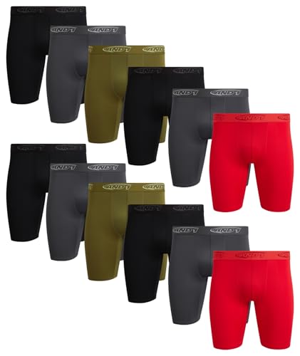 AND1 Men's Underwear Boxer Briefs - 12 Pack Performance Long Leg Compression Boxers for Men with Contour Pouch (S-3XL), Size Large, Blackflame Scarleymossdark Shadow