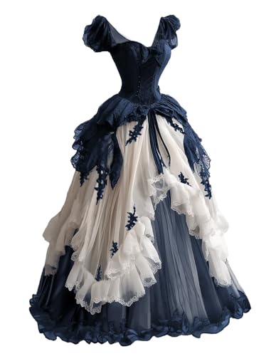Mauuwy Victorian Navy Ivory Wedding Dresses with Tiered Tulle Gothic Corset Bustle Bridal Gowns for Wedding Size 0