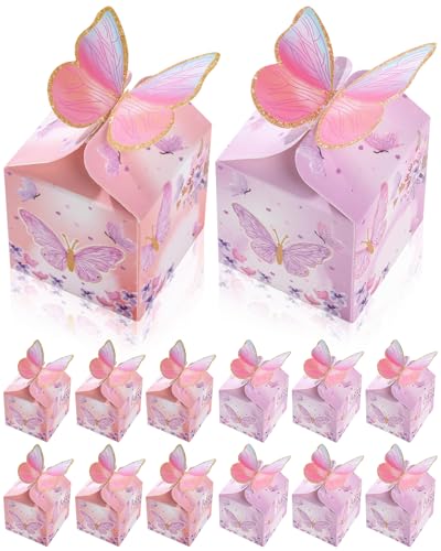 Liobelon 48 Pcs MINI Butterfly Party Favor Treat Boxes, Pink Purple Floral Candy Paper Gift Box Butterfly Decorations Bridal Showers Chocolate Box for Wedding Anniversary Birthday Party