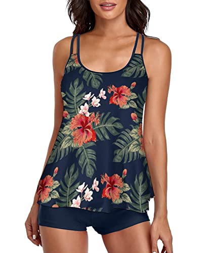 Urchics Womens 2025 Tankini Swimsuits Tummy Control Flowy Swimwear Two Piece Bathing Suits Swim Tank Top with Boyshorts Tropical Navy XL
