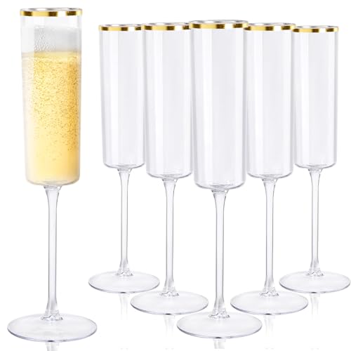 Ciaell 24 Pack Plastic Champagne Flutes - 6Oz Gold Rim Disposable Champagne Glasses - Square Clear Plastic Toasting Glasses for Party Birthday Anniversary Wedding
