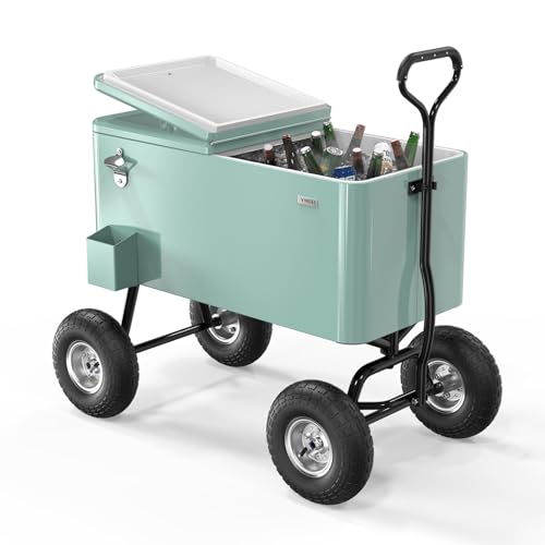 VINGLI 80 Quart Wagon Rolling Cooler Ice Chest, Patio Cooler w/Long Handle and 10" Wheels, Beach Patio Party Bar Cold Drink Beverage Cart